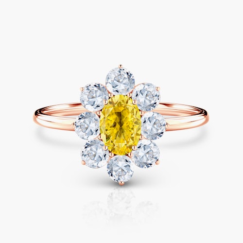 Pierścionek zaręczynowy SAVICKI: różowe złoto, żółty szafir, białe szafiry